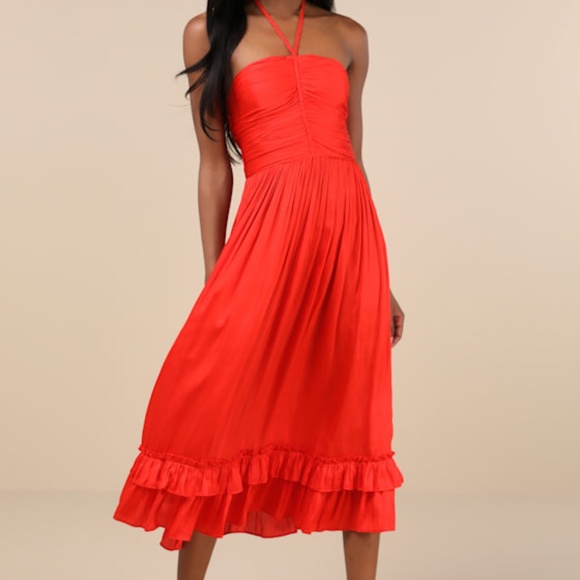 Lulus Pleasing Chicness Red Satin Halter Tiered Midi Dress - Size S - Picture 1 of 1